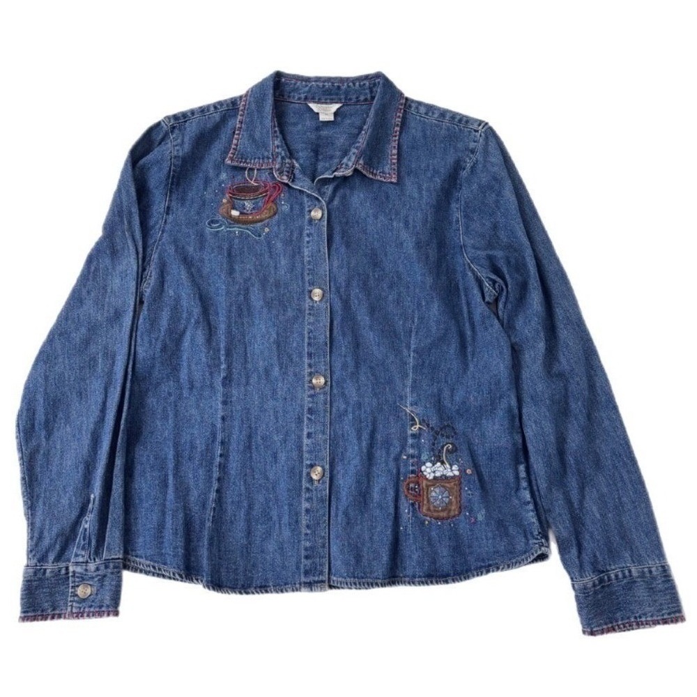 Christopher & Banks Denim Shirt XL Women Blue Cottage Core Coffee Embroidered - Picture 2 of 10